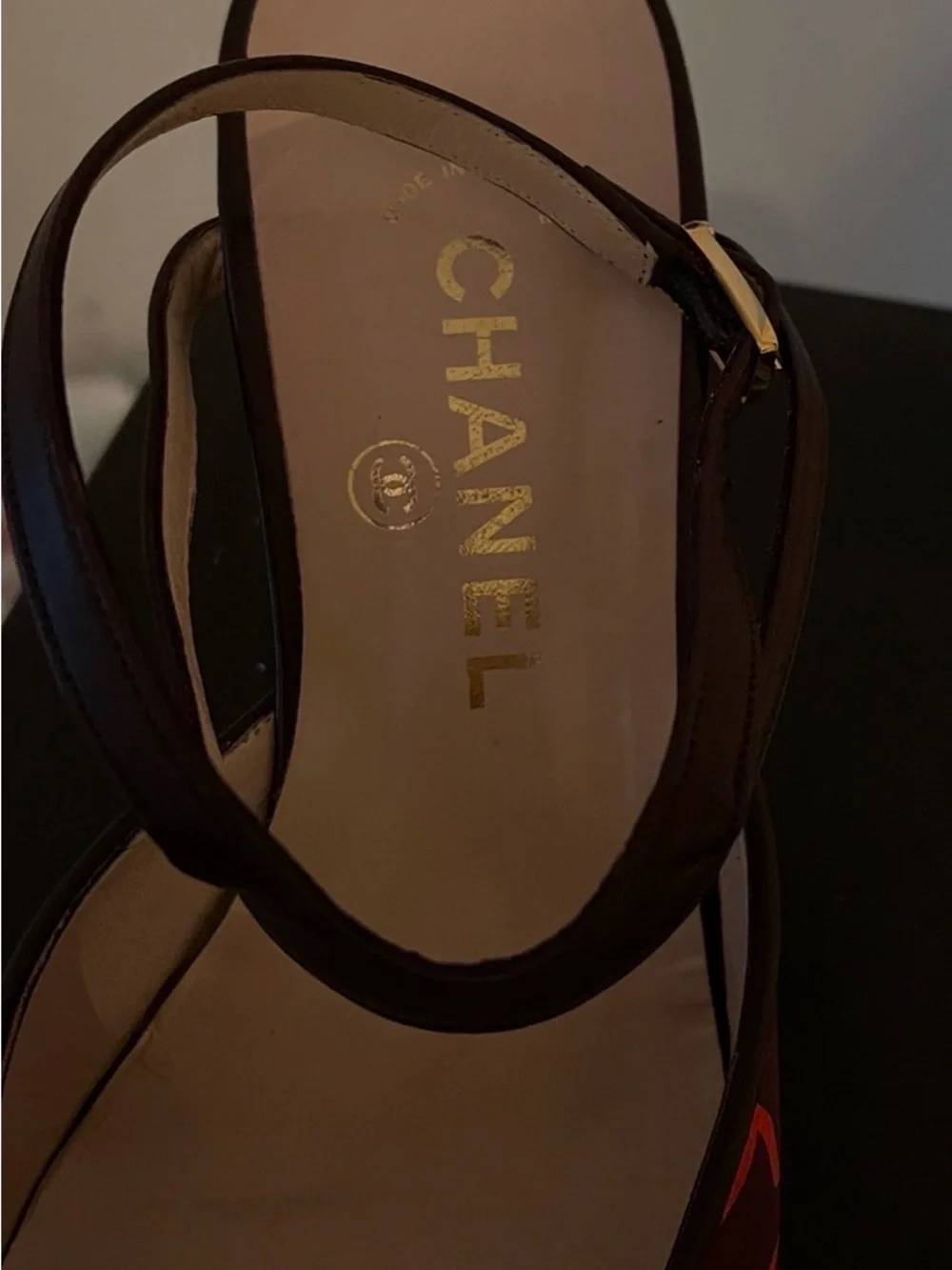 CHANEL dark burgundy Leather Pointed Toe Heel with Red Patterned Side